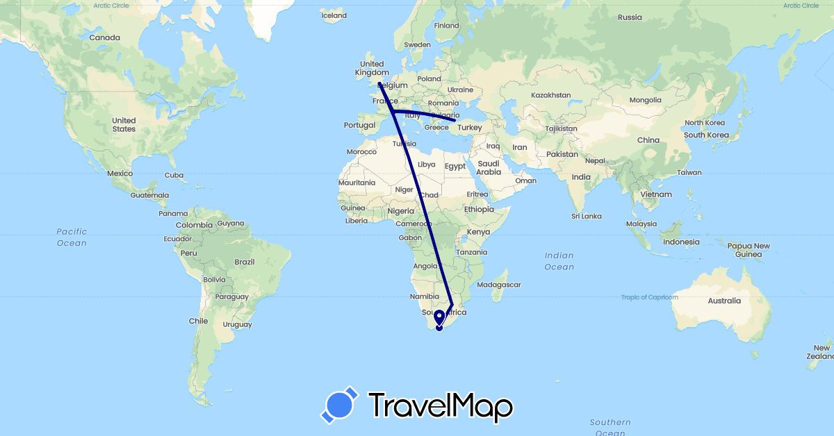 TravelMap itinerary: driving in France, United Kingdom, Turkey, South Africa (Africa, Asia, Europe)
